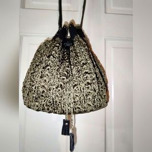 Peruvian - Nylon Crochet Bucket Bag, Olive Green w/ Black Suede Trim (Boho)